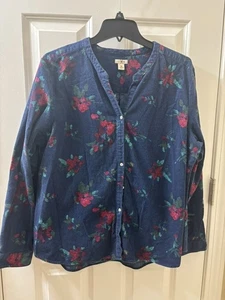 L.L. BEAN FLANNEL BLOUSE ladies size XL blue pink aqua floral long sleeve cotton - Picture 1 of 7