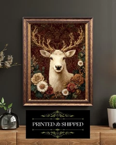 Victorian Christmas Deer Print Baroque Holiday Winter Floral Woodland Wall Art - Picture 1 of 5