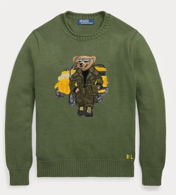 NUEVO CON ETIQUETAS Polo Ralph Lauren Verde DEFENDER TRUCK BEAR Algodón Tejido Cuello Redondo Suéter Foto 1 de 4