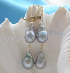 Genuine Natural Baroque Gray Reborn Keshi Pearl Dangle Earrings 14k Leverback - Picture 1 of 6