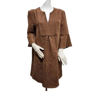 Jude Connally Kerry Saddle Brown Faux Suede Shift Dress Bell Sleeve Size XS (04) - Picture 1 of 10
