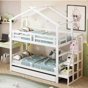 Etagenbett 90x200cm Kinderbett Hochbett mit Treppe und Ausziehbett 90x190cm Weiß - Bild 1 von 8