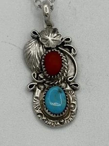 925 Silver Navajo Pendant Necklace Turquoise Coral Signed D Reeves 16.5" Vintage - Picture 1 of 5
