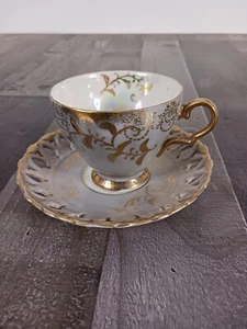 Awesome Vintage Royal Sealy Iridescent Cup & Saucer. Gray With Gold Trim Japan - Picture 1 of 10