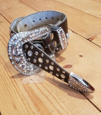 Western womens bling rhinestone belt cowgirl leather studded circle cross brown  - Image 1 of 3