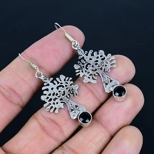 Black Spinel Round Gemstone 925 Sterling Silver Jewelry Earrings 2.17" VJ 5384 - Picture 1 of 6