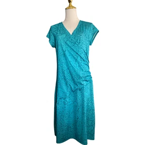 Athleta Damen Medium türkis blau Kleid Paisley V-Ausschnitt Flügelärmel dehnbar Baumwolle - Bild 1 von 9