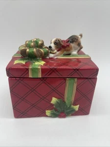 Fitz and Floyd Weihnachten Hund & Geschenk mit Schleife Süßigkeiten-Porzellan Schmuckschatulle Vintage - Bild 1 von 11