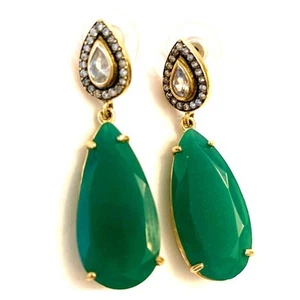 Emerald Polki Pave Diamond Drop Earrings 925 Silver Elegant Dangle Jewelry Gift - Picture 1 of 7