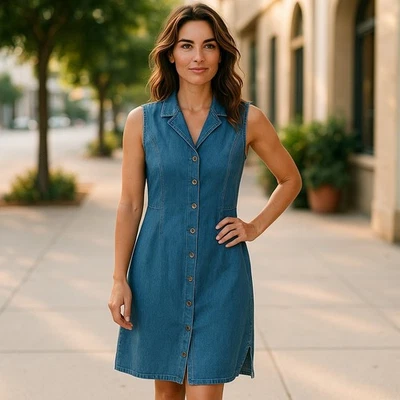 Vestido cambray vintage años 90 para mujer 10 azul midi sin mangas botón delantero algodón Foto 1 de 4