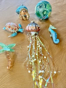 Beach Tropical Sparkle Bling Glass Christmas Holiday Ornament Lot Set Of 6 - Picture 1 of 9