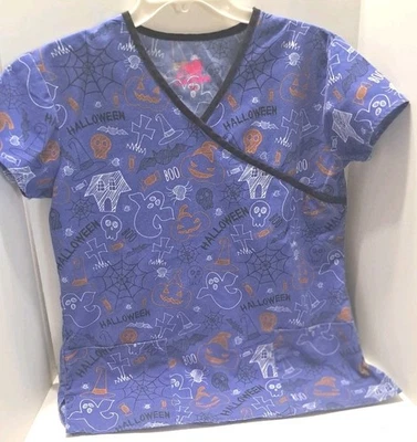Women's Scrub Top Size XS Blue Orange Halloween Ghosts Pumpkins I Love Scrubs - Image 1 of 4