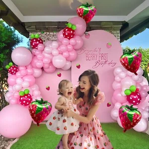 Strawberry Balloon Arch Kit Pink Green Red Balloons Garland Shortcake Birthda... - Picture 1 of 6