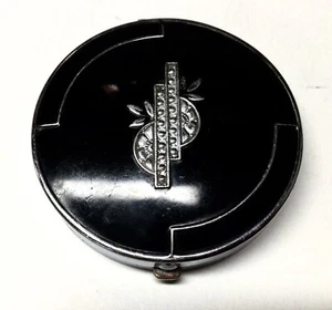 Black French Enamel Powder Compact Marcasite Decoration 1933 HM Manheim - Picture 1 of 9