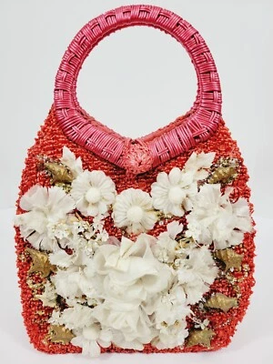 Vintage Nautical Gold Seashells Red Straw White Floral Purse Handbag 1940Japan  - Image 1 of 4