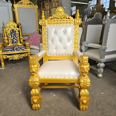 Silla Trono Mini León Respaldo Cuadrado 37" Alto Trono - Blanco/Dorado Foto 1 de 3