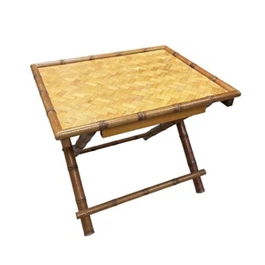 Vintage Rattan Bamboo Folding Side/Serving Table- X-Base- Herringbone- MCM - Picture 1 of 20