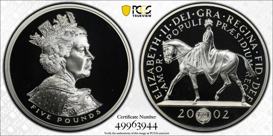 2002 Great Britain 5 Pounds Royal Golden Jubilee Queen on Horse - PCGS PR69DCAM - Image 1 of 4