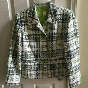 Sigrid Olsen Women Blazer 8P Petite Spring Green Blue White Black Plaid - Picture 1 of 8