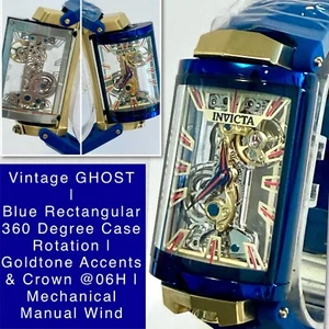 360 Rotation GHOST Skeleton Mechanical Blue Case & Strap Invicta Mens Watch - Picture 1 of 12