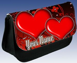 Personalised Ladies RED HEARTS Valentines Day Gift BLING Pencil Case MAKE UP
