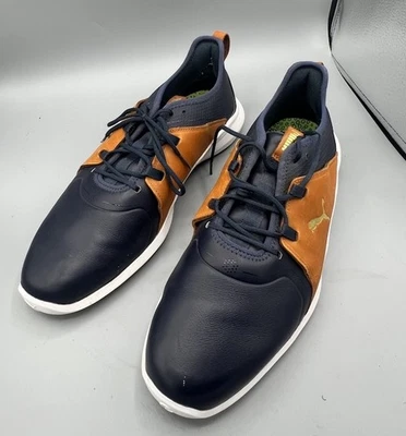 Мужские туфли для гольфа PUMA Ignite Fasten8 размер 11 изготовленные темно-синие золотистая кожа коричневые - Изображение 1 из 4