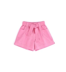 HIGH RISE PINK LINEN BELTED SHORTS FOR GIRLS - Picture 1 of 4