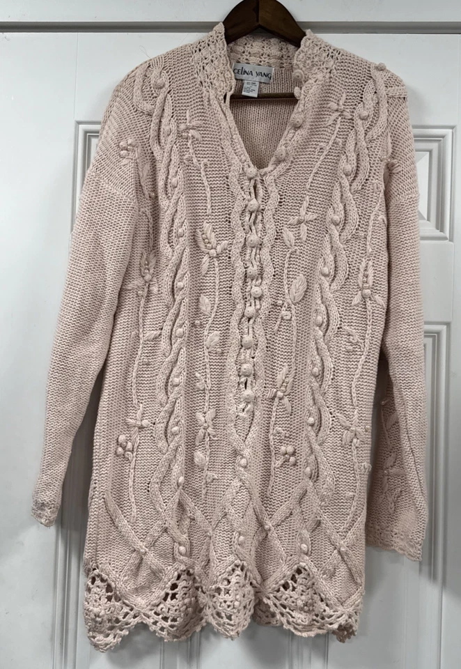 Cárdigan suéter vintage Celina Yang para mujer rosa con botones floral con cuentas talla 1X Foto 1 de 4