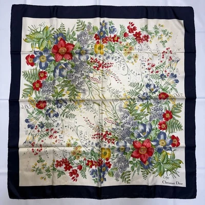 RARO Christian Dior Floral Seda Bufanda Azul Marino Multicolor Para Mujer Auténtico de Japón Foto 1 de 4
