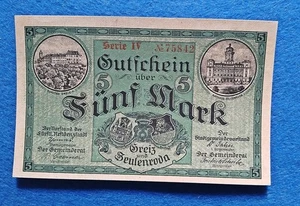 07 194 Notgeld Städte Greiz und Zeulenroda 5 Mark, 1.11.1918, Serie IV, KN rot 5 - Picture 1 of 2