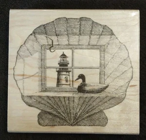 Wood Mounted Rubber Stamp By Impression Obsession H1123 SCALLOP LIGHTHOUSE Nice - Picture 1 of 2