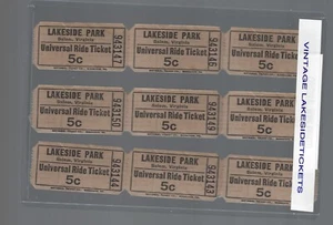 Vintage Lakeside Amusement Park 5 cent Universal Ride Tickets-Lot of 9; 1960's - Picture 1 of 1