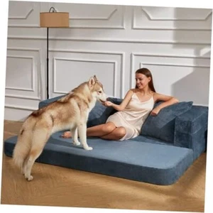 Folding Bean Bag Chair for Adults,3-in-1 Bean Bag Couch Faux Large Blue Gray - Picture 1 of 7