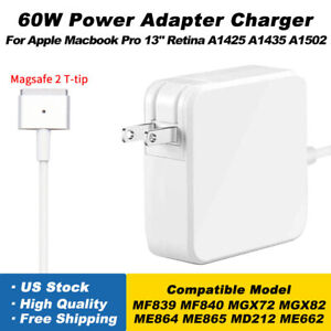 60W T-tip Magsafe 2 AC Power Adapter Charger For Apple MacBook Pro 13" 2012-2015
