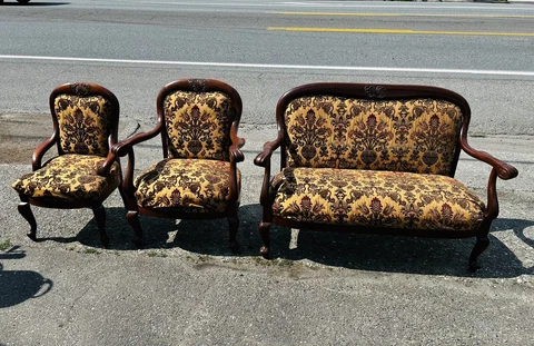 Antique Parlor Set RARE Mandel Brothers Chicago Mahogany Carved 3 Piece Empire Cover