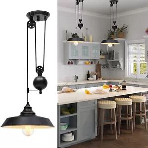 Iron Metal Shade Pulley Pendant Light Rustic Ceiling Hanging Light Kitchen Bar - Picture 1 of 22