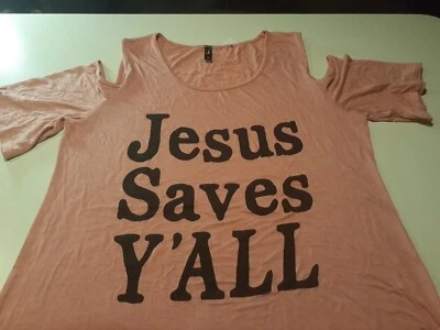 Pink Jesus Saves Y'all medium cold shoulder T Shirt Tee Religious God Faith  - Image 1 of 4