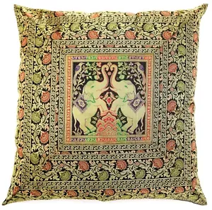 26" Indian Traditional Elephant Silk Brocade Large Pillow/Cushion Cover Black - Picture 1 of 4