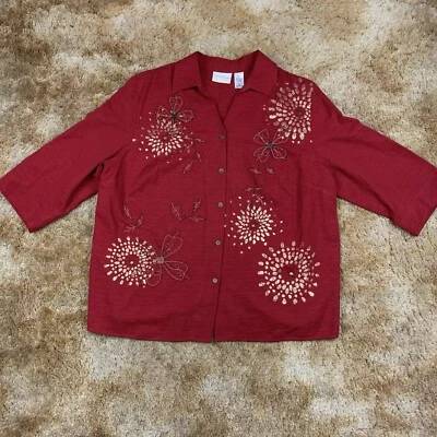 Camisa Alfred Dunner Top Mujer 20 Roja Abotonada Cuentas Floral Manga Larga Algodón Foto 1 de 4