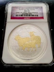 2015 P Australia Gilt Gilded Silver Year of the Goat NGC MS 70 1 oz Coin - Picture 1 of 2