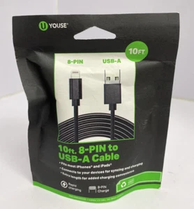 U Youse 10Ft Premium 8-Pin Charging Cable - Black - Picture 1 of 2