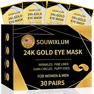 Under Eye Patches for Puffy Eyes 30Pairs, 24K Gold Eye Mask for Dark Circles and - Picture 1 of 12