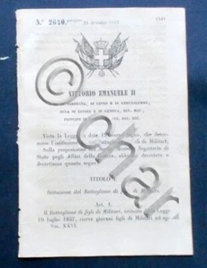 Decreto Vittorio Emanuele II - Istituzione Battaglione figli Militari - 1857 - Picture 1 of 1