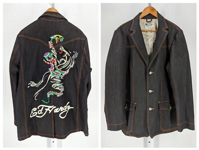 Ed Hardy Christian Audigier Y2K Vtg Indigo Selvedge Denim Embroidery Snake Tiger - Image 1 of 4