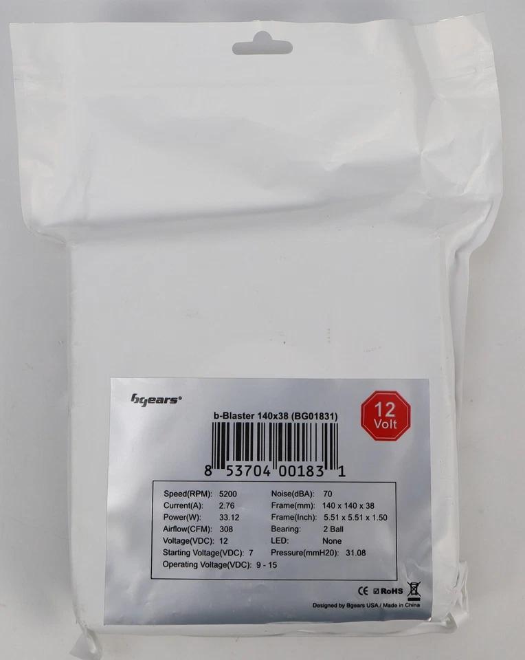 Bgears B-Blaster 140x38mm 2 Ball Bearing High Speed 5200 RPM High Airflow 12VDC - Image 1 of 3