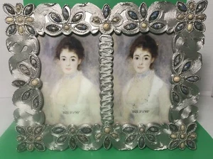 Metal Gemstone Picture FRAME Holds TWO 3.5”x5” Photos, Silver  Blue Cream (see) - Picture 1 of 7
