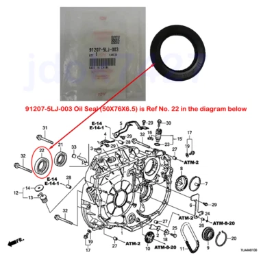 91207-5LJ-003 CVT caja de cambios sello de aceite delantero apto para Honda Accord Civic CR-V 2016- Foto 1 de 4