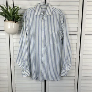 Z Ermenegildo Zegna Cotton Button Front Shirt White Yellow Blue Stripe Men 41/16 - Picture 1 of 11