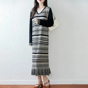 New 100% Wool Knitted Striped Dress Women Loose Casual Knitted Long Dress Skirt - Picture 1 of 23