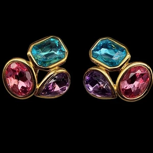 Vintage Trifari Ohrringe goldfarben rosa lila blau Cluster Lucite Strass 80er 90 - Bild 1 von 11